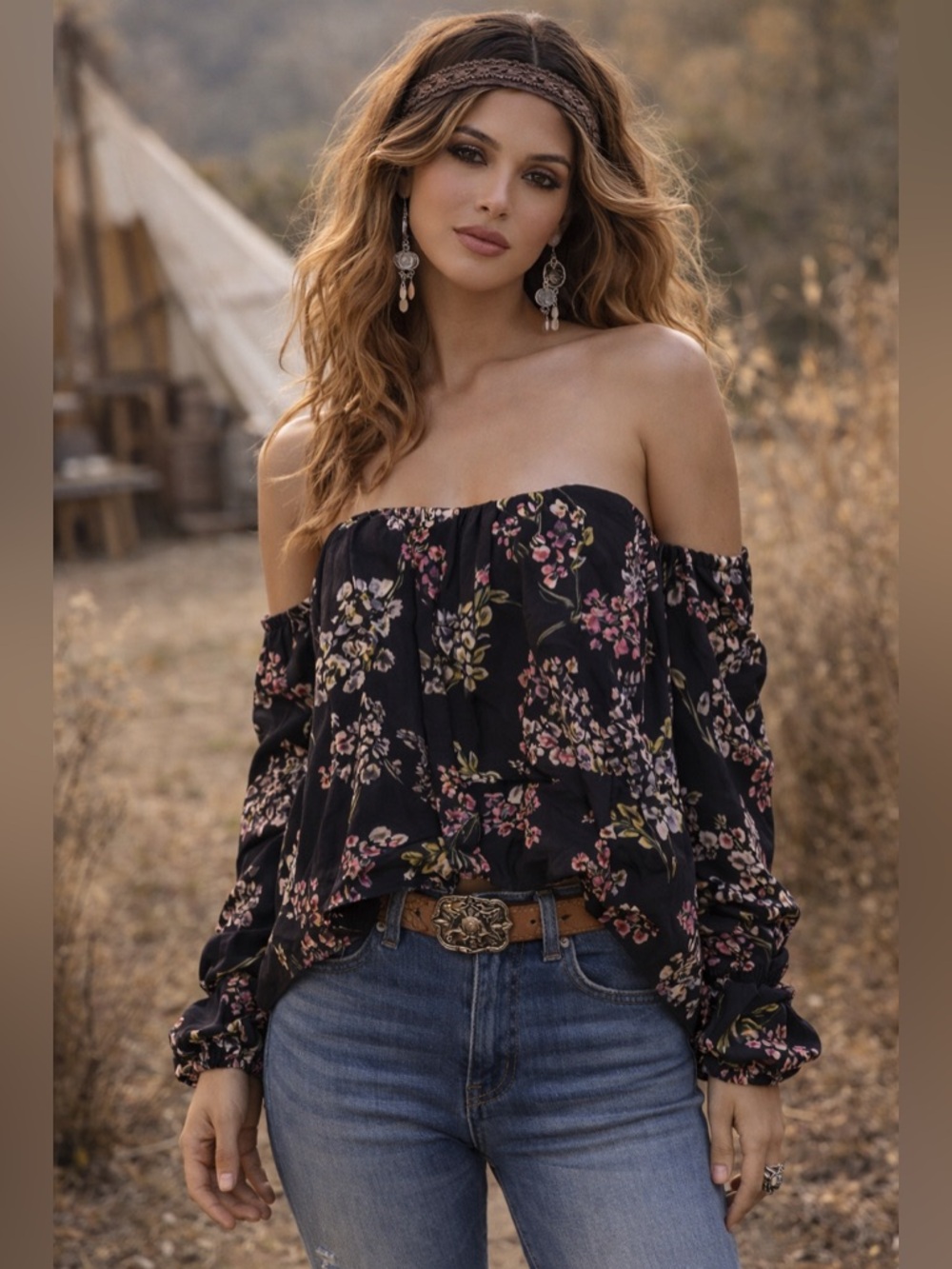 Stone Cold Fox Silk Off Shoulder Top Size 1 Boho Luxe Floral Blouse